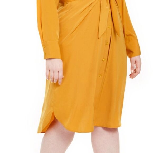 Alfani Plus Button Front Wrap Tie Long Sleeve Midi Shirt Dress- Mustard - Picture 13 of 13